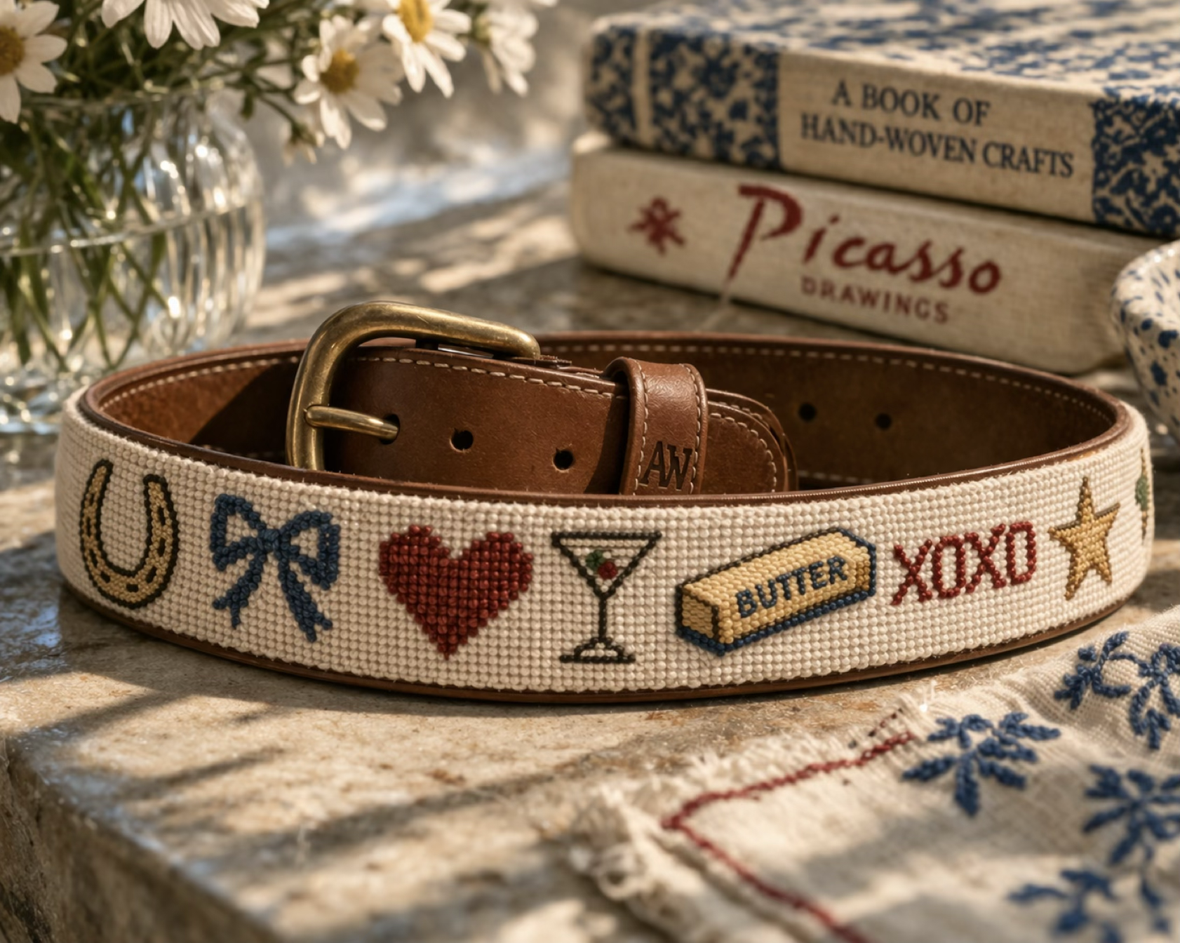 Needlepoint belt on stone ledge with flowers and books