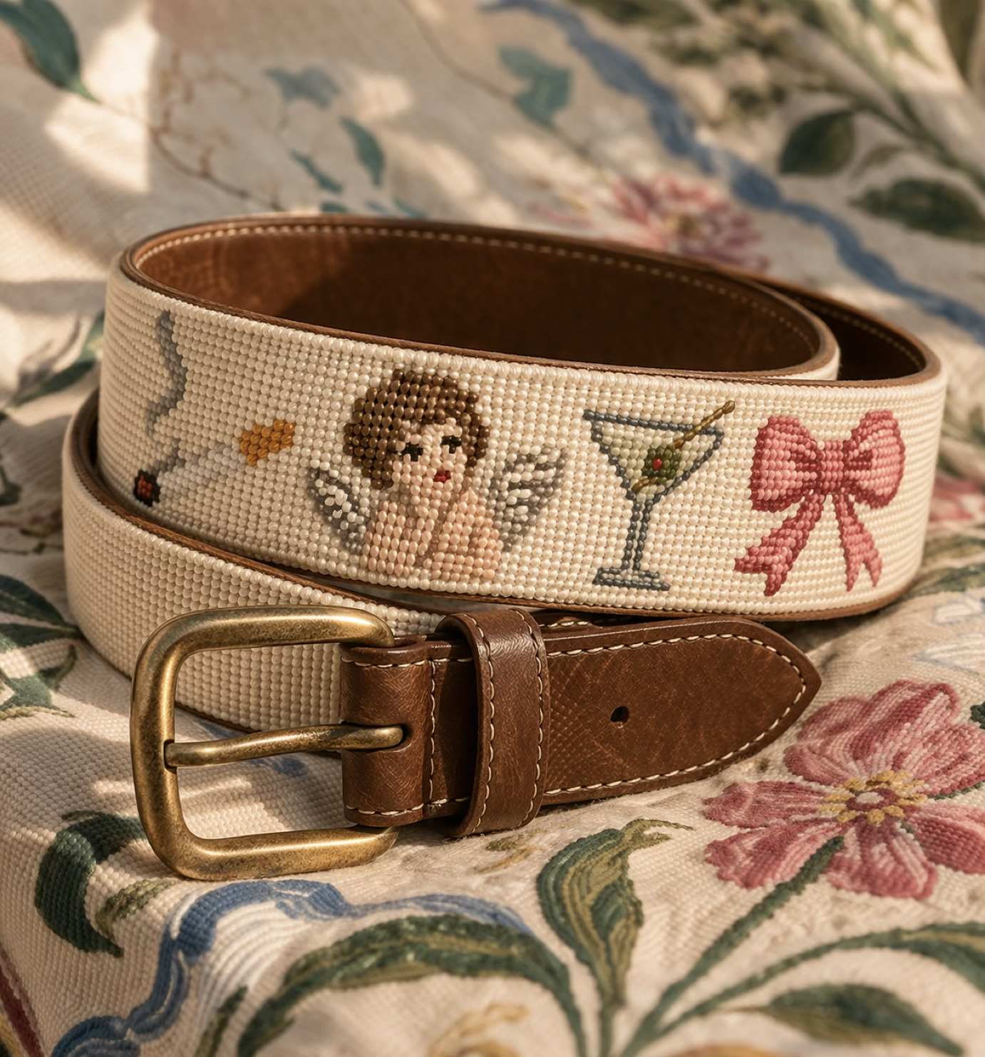 Needlepoint belt with cherub, martini and bow motifs