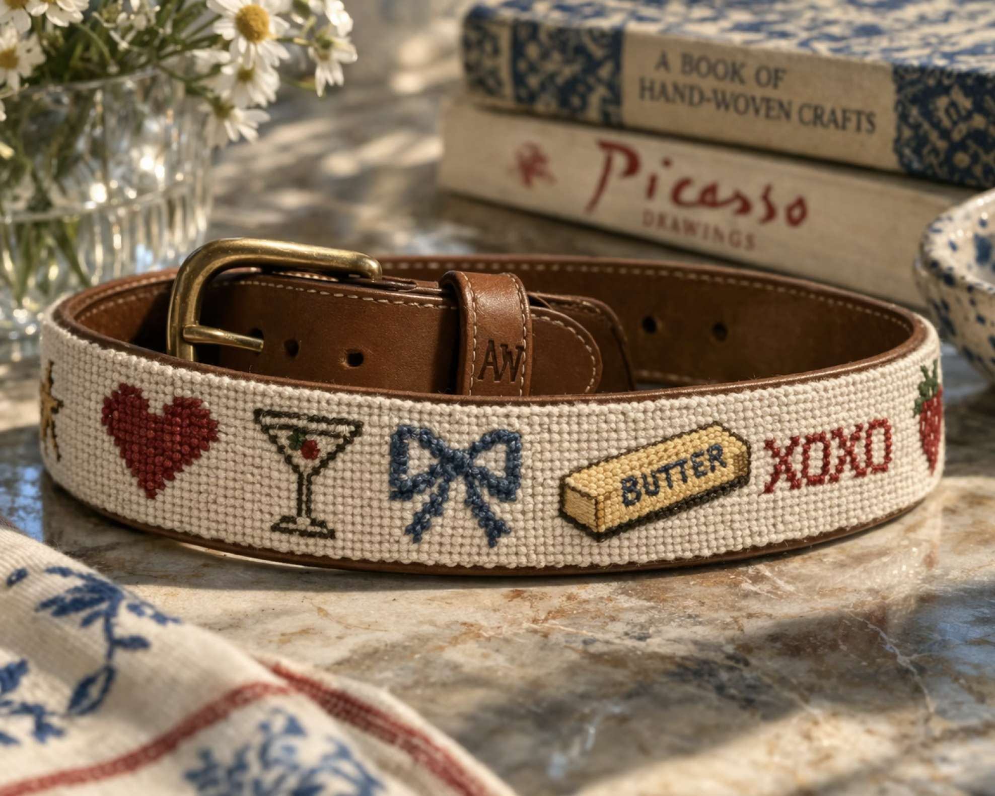 Needlepoint belt with heart, martini, bow, butter and xoxo