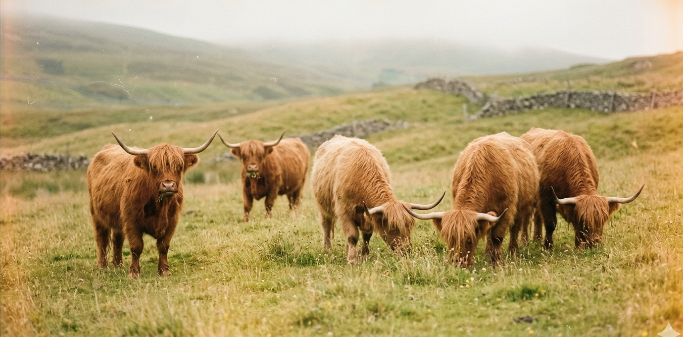 Highland cows grazing in a misty meadow