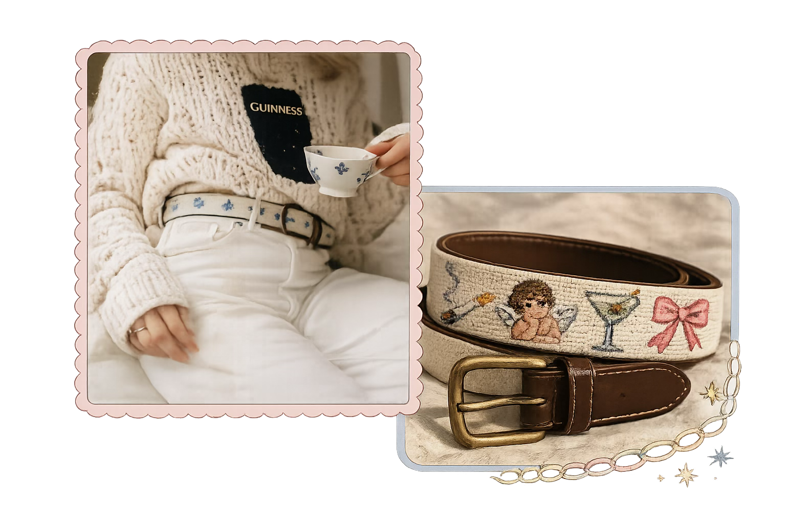 Charm belt worn with a cream sweater beside a close view of a stitched belt with a brass buckle